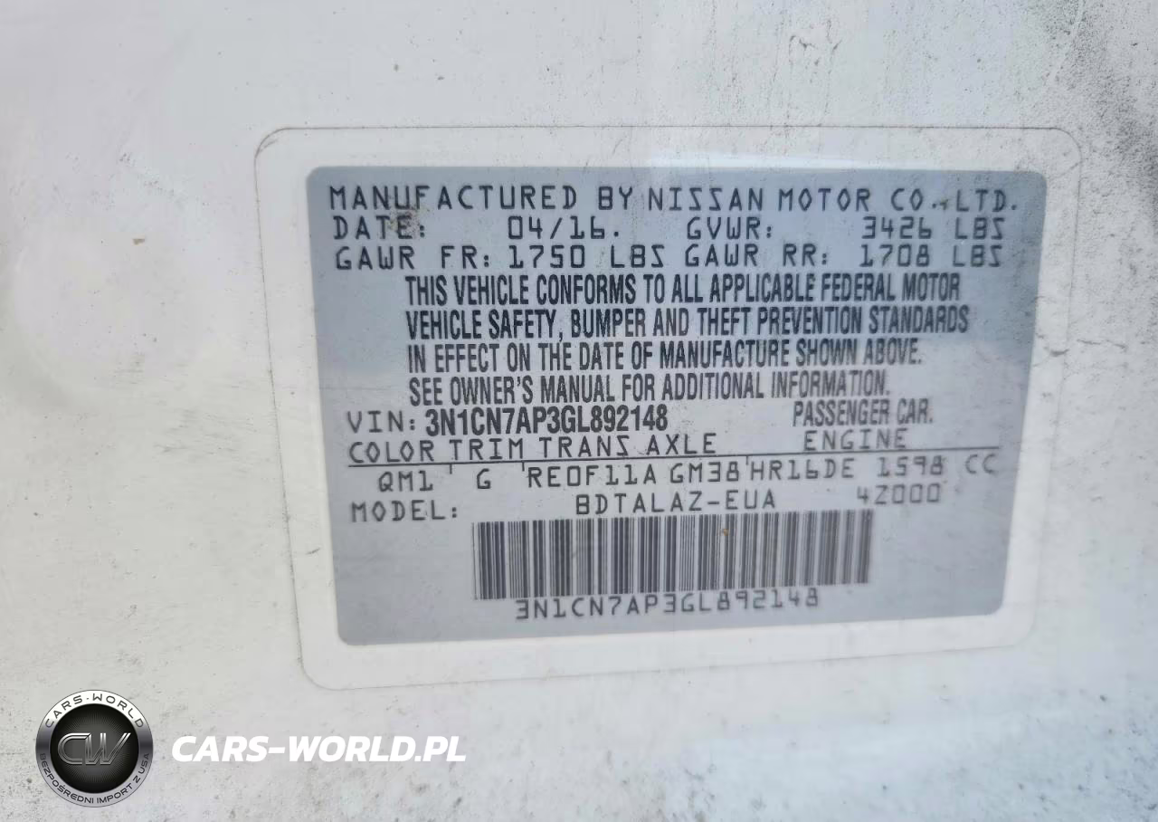 2016 Nissan Versa 1.6 S Plus VIN:3N1CN7AP3GL892148 - 12