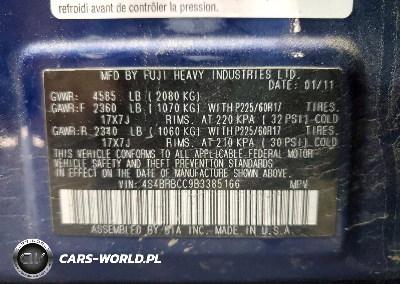 2011 Subaru Outback 2.5I Premium VIN:4S4BRBCC9B3385166 - 12