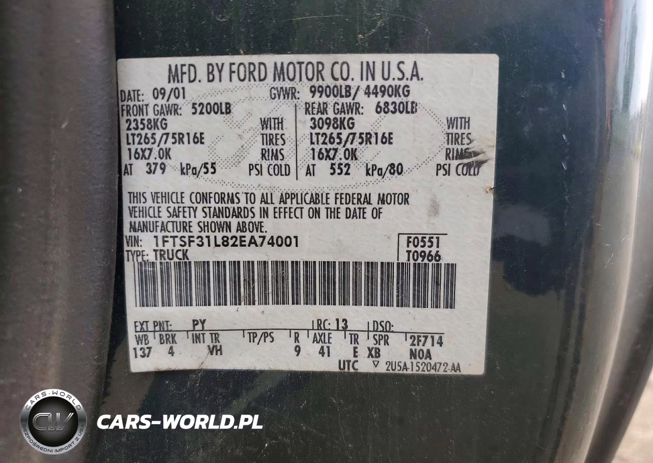 2002 Ford F350 Srw Super Duty VIN:1FTSF31L82EA74001 - 12