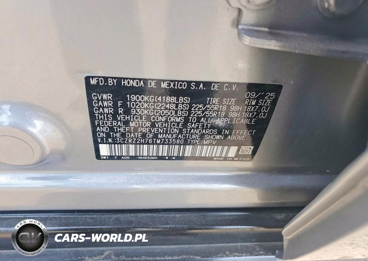 2026 Honda Hr-V Exl VIN:3CZRZ2H76TM733580 - 13