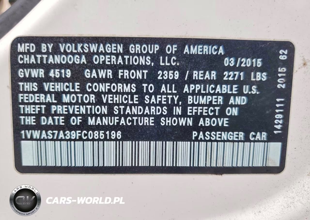 2015 Volkswagen Passat S VIN:1VWAS7A39FC085196 - 12