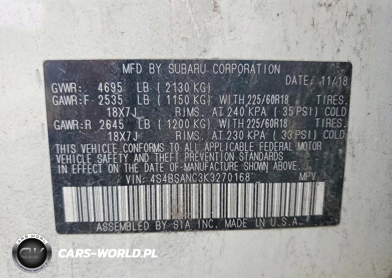 2019 Subaru Outback 2.5I Limited VIN:4S4BSANC3K3270168 - 14