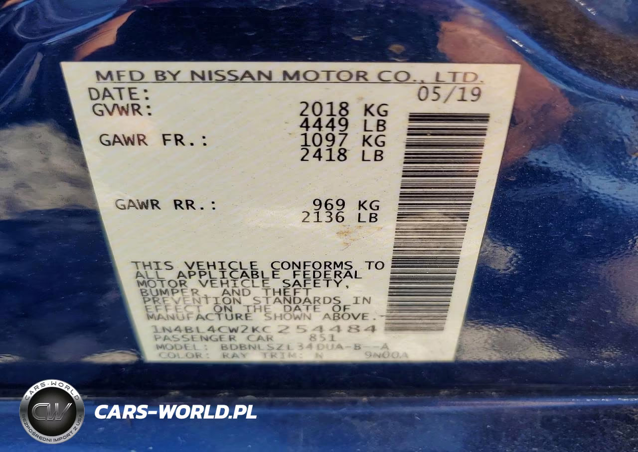 2019 Nissan Altima Sr VIN:1N4BL4CW2KC254484 - 12