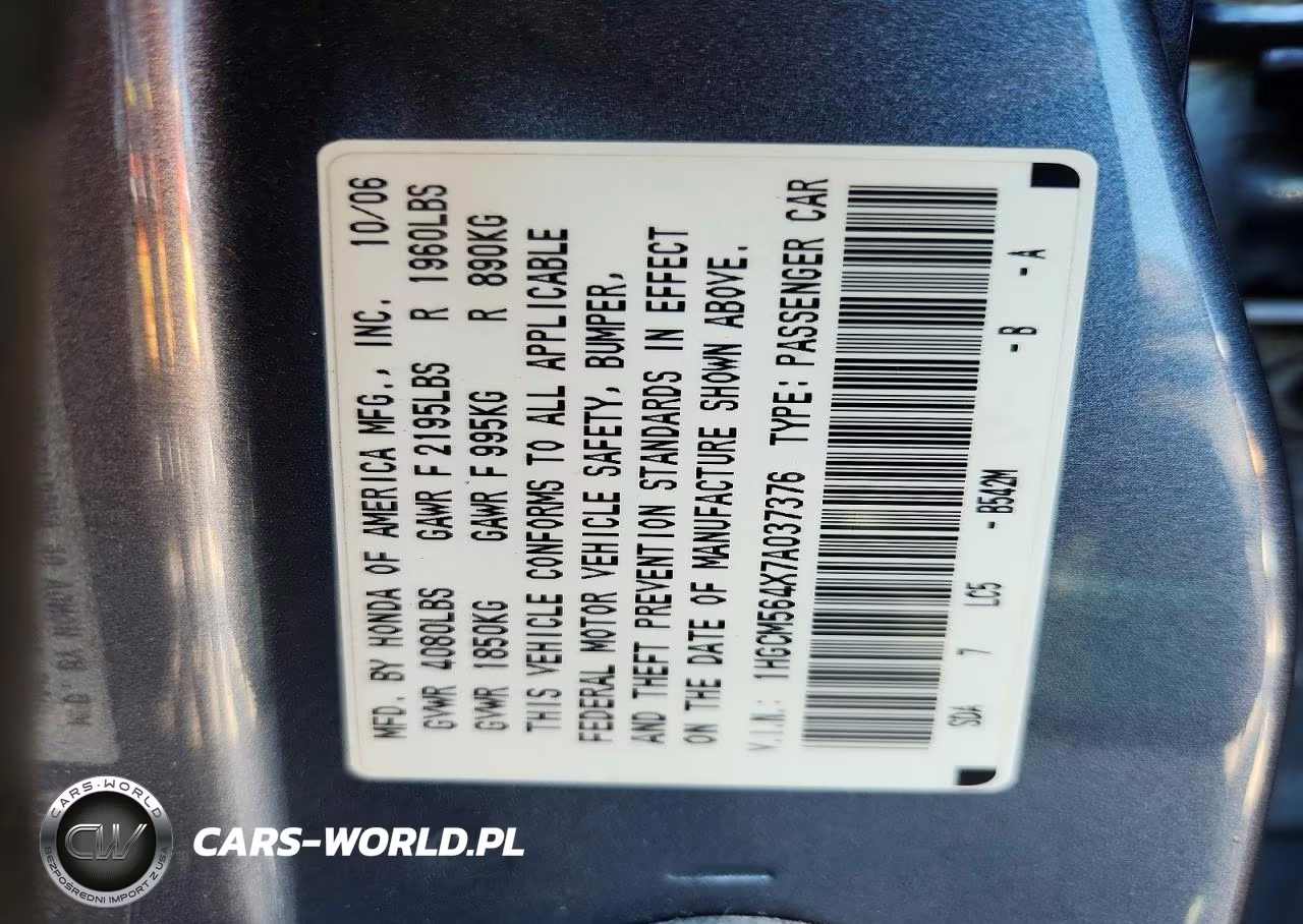 2007 Honda Accord Lx VIN:1HGCM564X7A037376 - 12