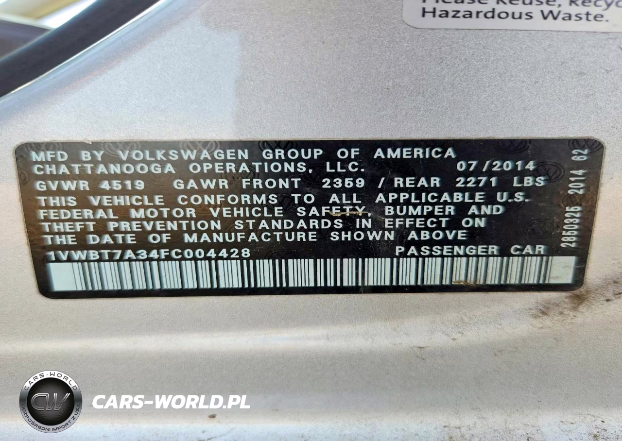 2015 Volkswagen Passat Se VIN:1VWBT7A34FC004428 - 12