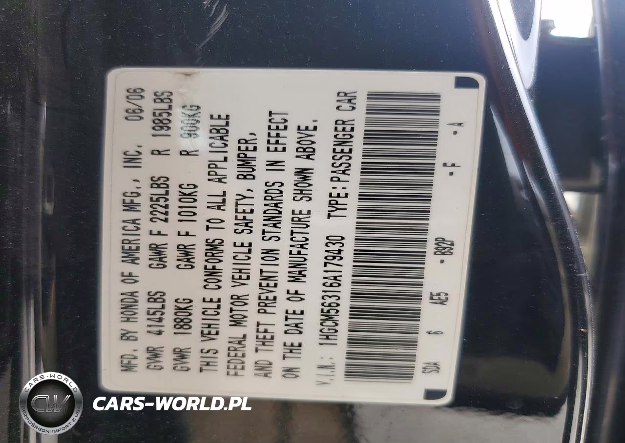 2006 Honda Accord VIN:1HGCM56316A179430 - 12