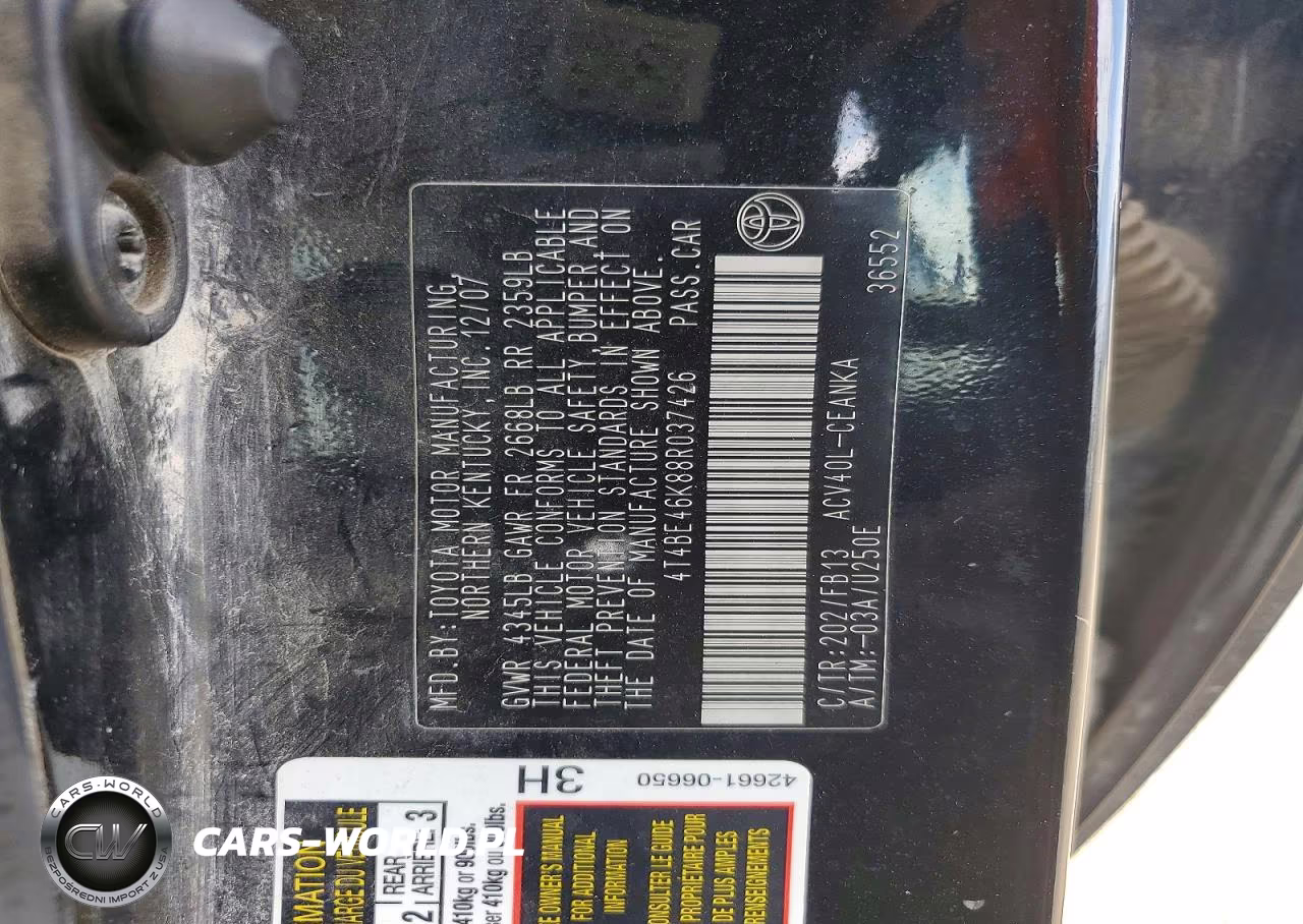 2008 Toyota Camry Le VIN:4T4BE46K88R037426 - 12