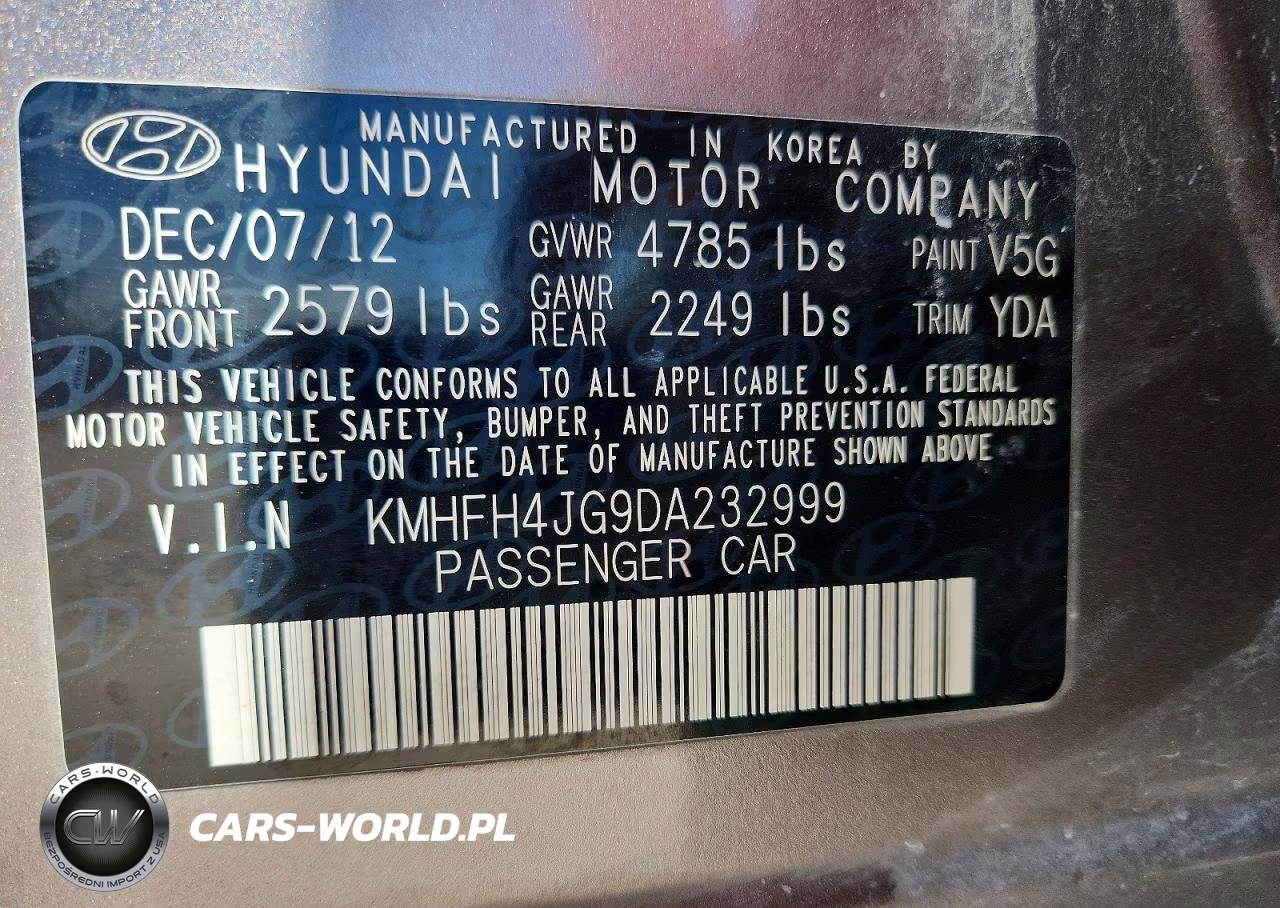 2013 Hyundai Azera Base VIN:KMHFH4JG9DA232999 - 12