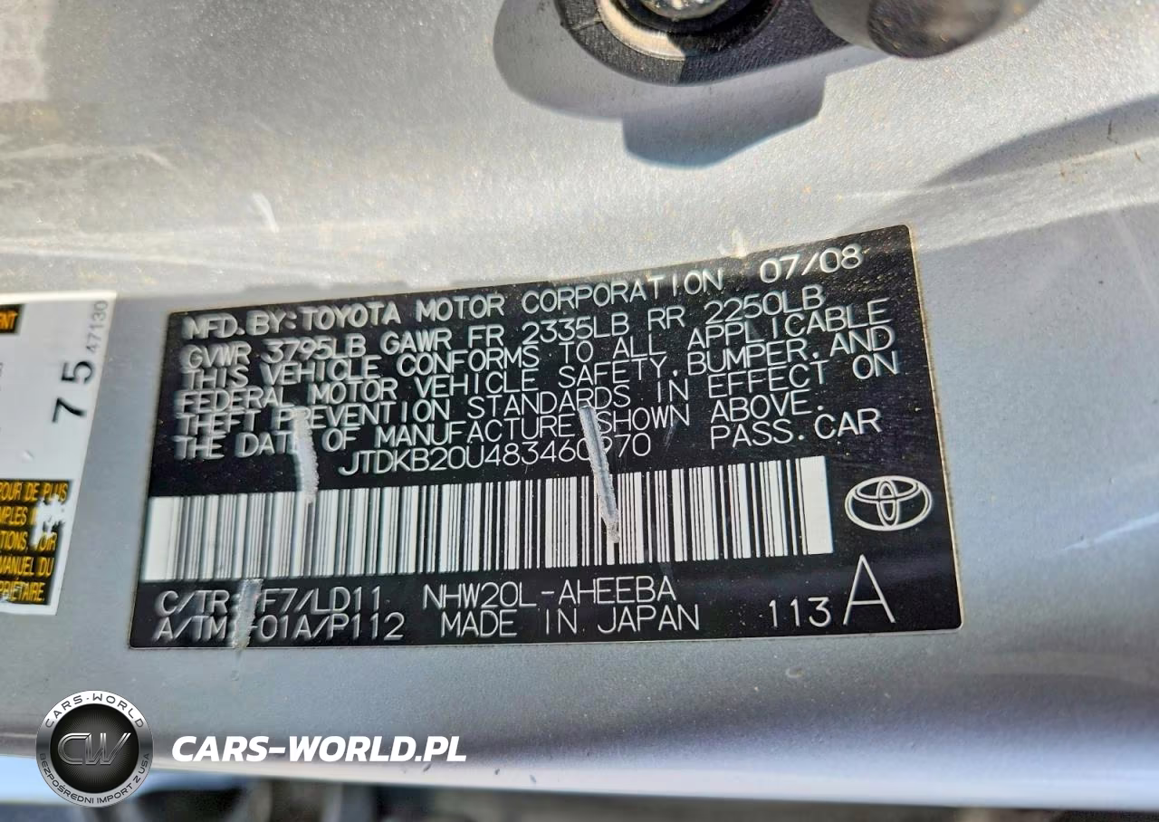 2008 Toyota Prius Base VIN:JTDKB20U483460970 - 12