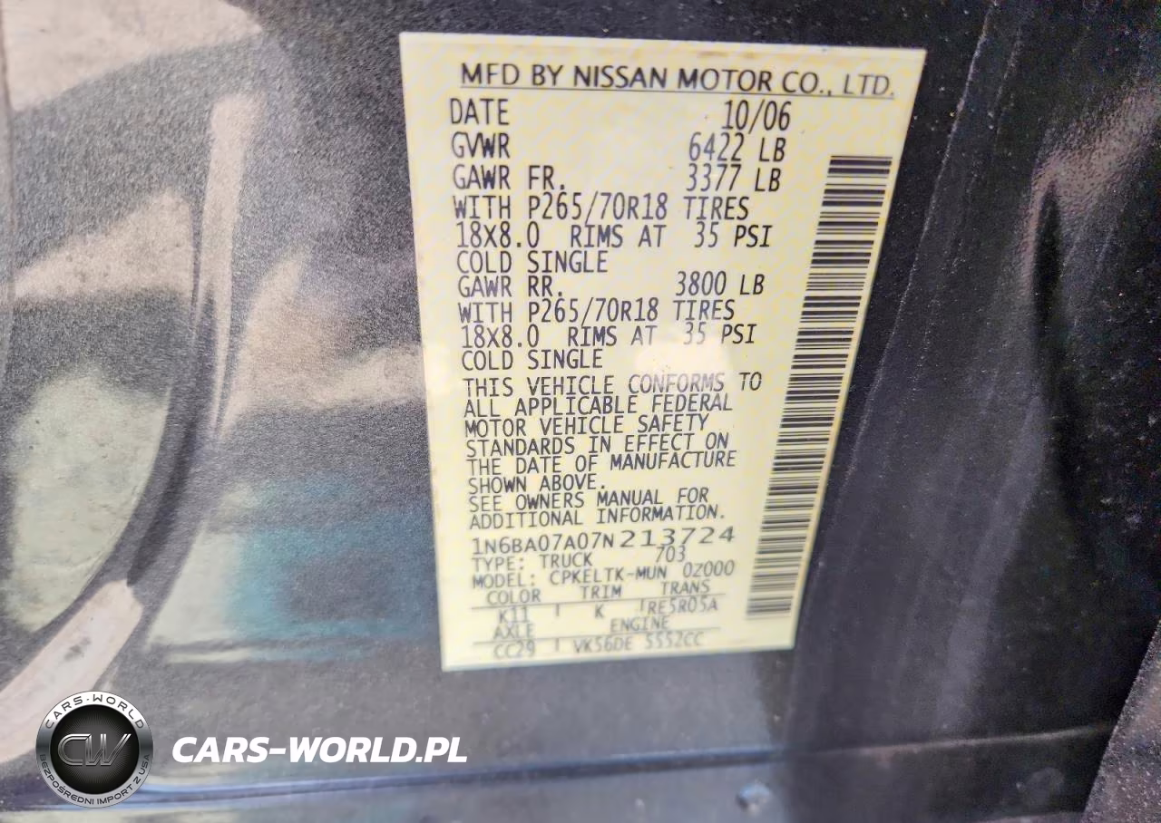 2007 Nissan Titan Xe Ffv VIN:1N6BA07A07N213724 - 12