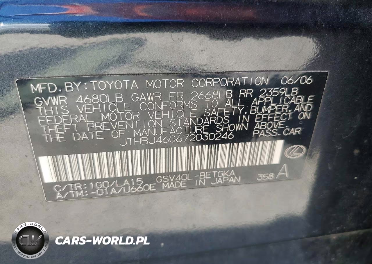 2007 Lexus Es 350 VIN:JTHBJ46G672030246 - 12