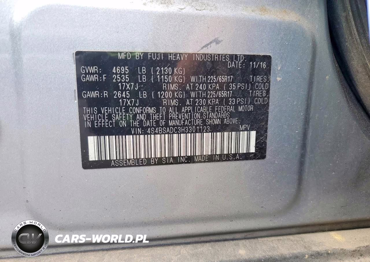 2017 Subaru Outback 2.5I Premium VIN:4S4BSADC3H3301123 - 13