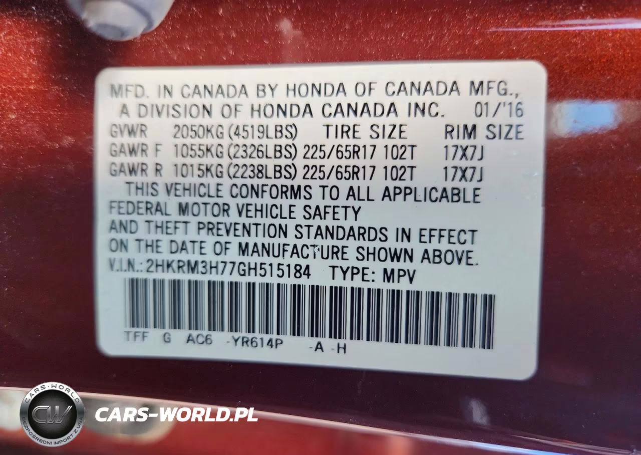 2016 Honda Cr-V Exl VIN:2HKRM3H77GH515184 - 13