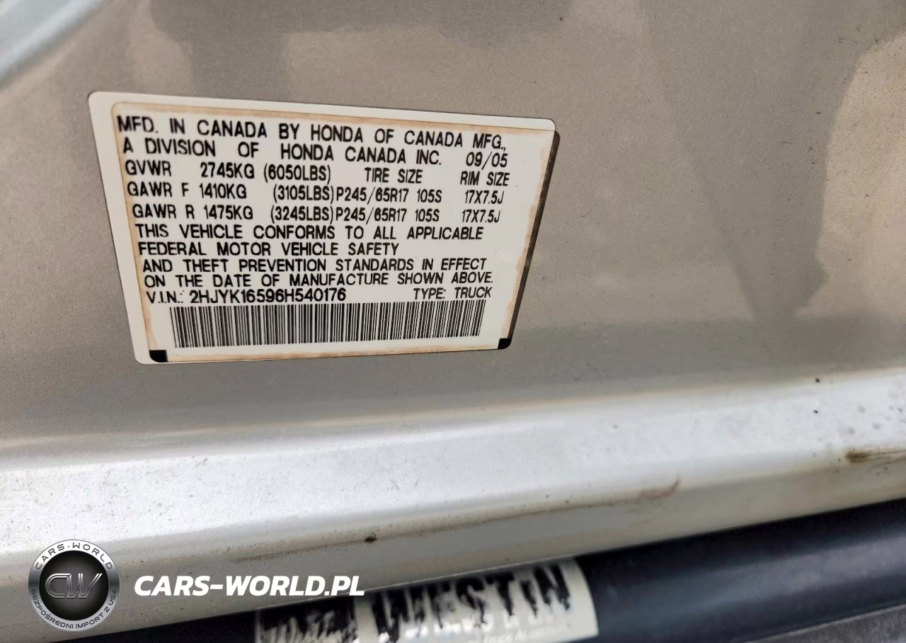 2006 Honda Ridgeline Rtl VIN:2HJYK16596H540176 - 12