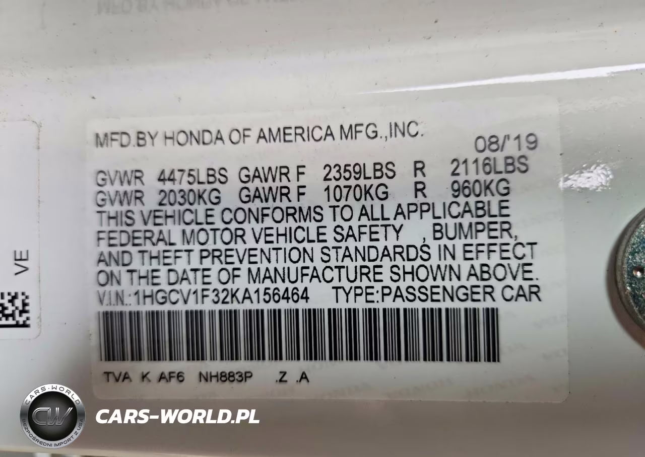 2019 Honda Accord Sport VIN:1HGCV1F32KA156464 - 13
