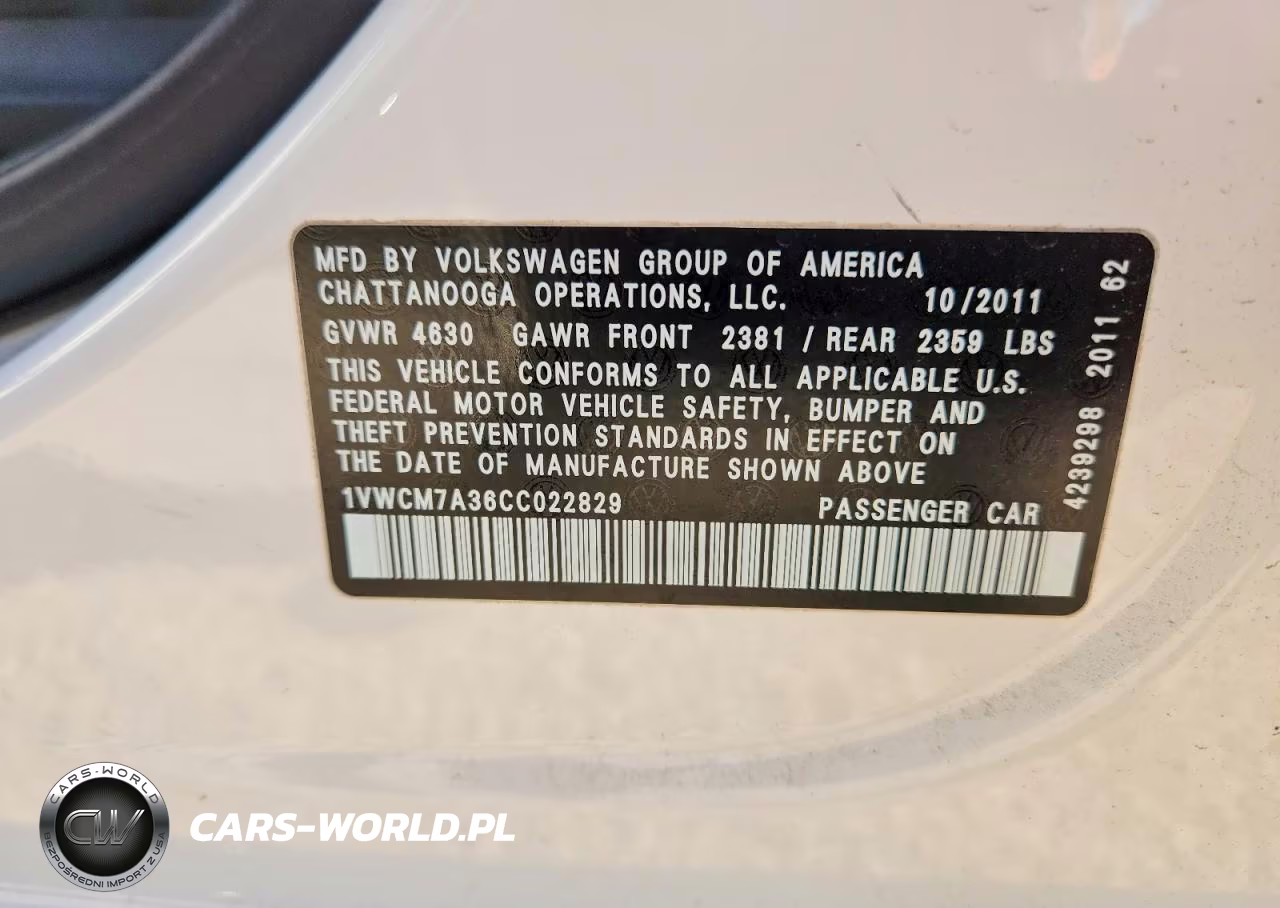 2012 Volkswagen Passat Sel VIN:1VWCM7A36CC022829 - 12
