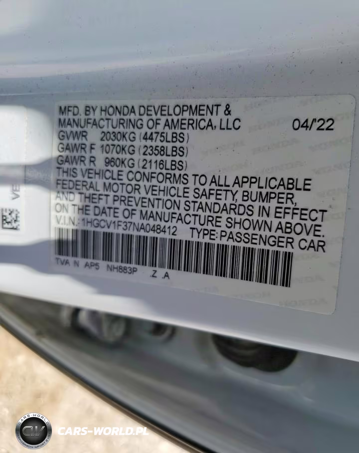 2022 Honda Accord Sport VIN:1HGCV1F37NA048412 - 13
