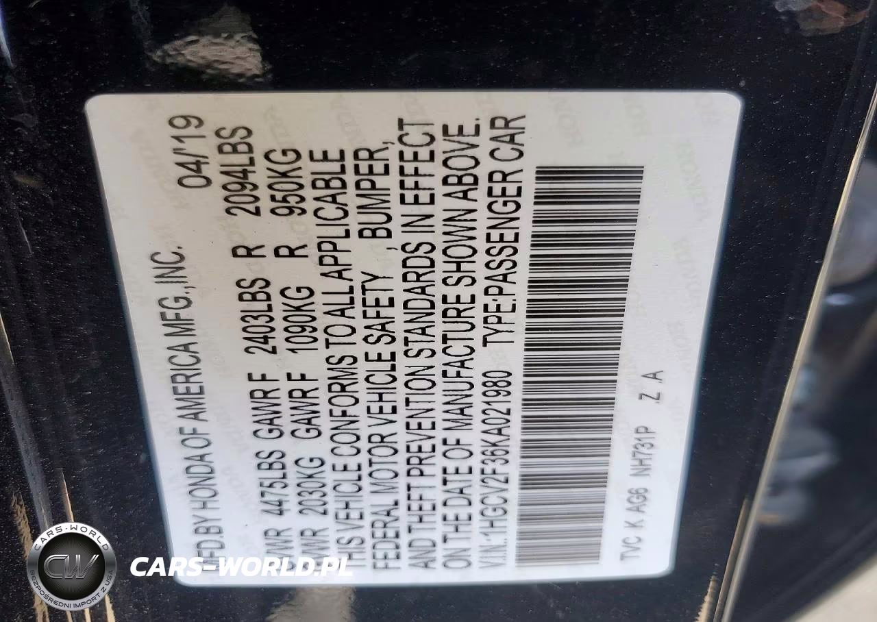 2019 Honda Accord Sport VIN:1HGCV2F36KA021980 - 12