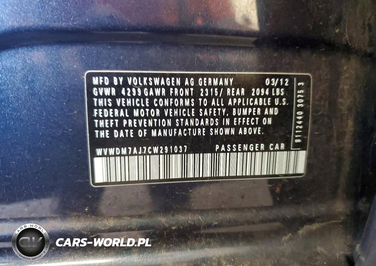 2012 Volkswagen Golf VIN:WVWDM7AJ7CW291037 - 12