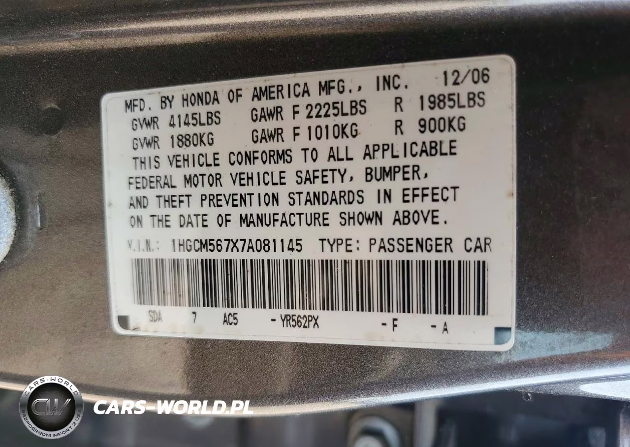 2007 Honda Accord VIN:1HGCM567X7A081145 - 12