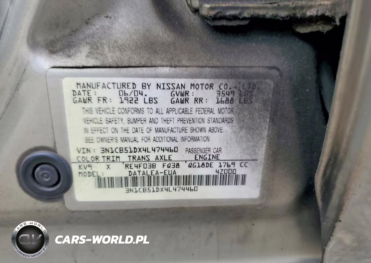 2004 Nissan Sentra 1.8-1.8S VIN:3N1CB51DX4L474460 - 12