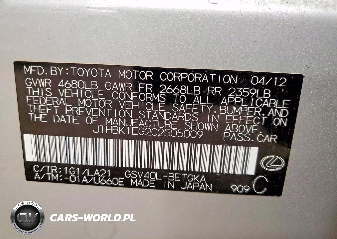 2012 Lexus Es 350 VIN:JTHBK1EG2C2505009 - 12