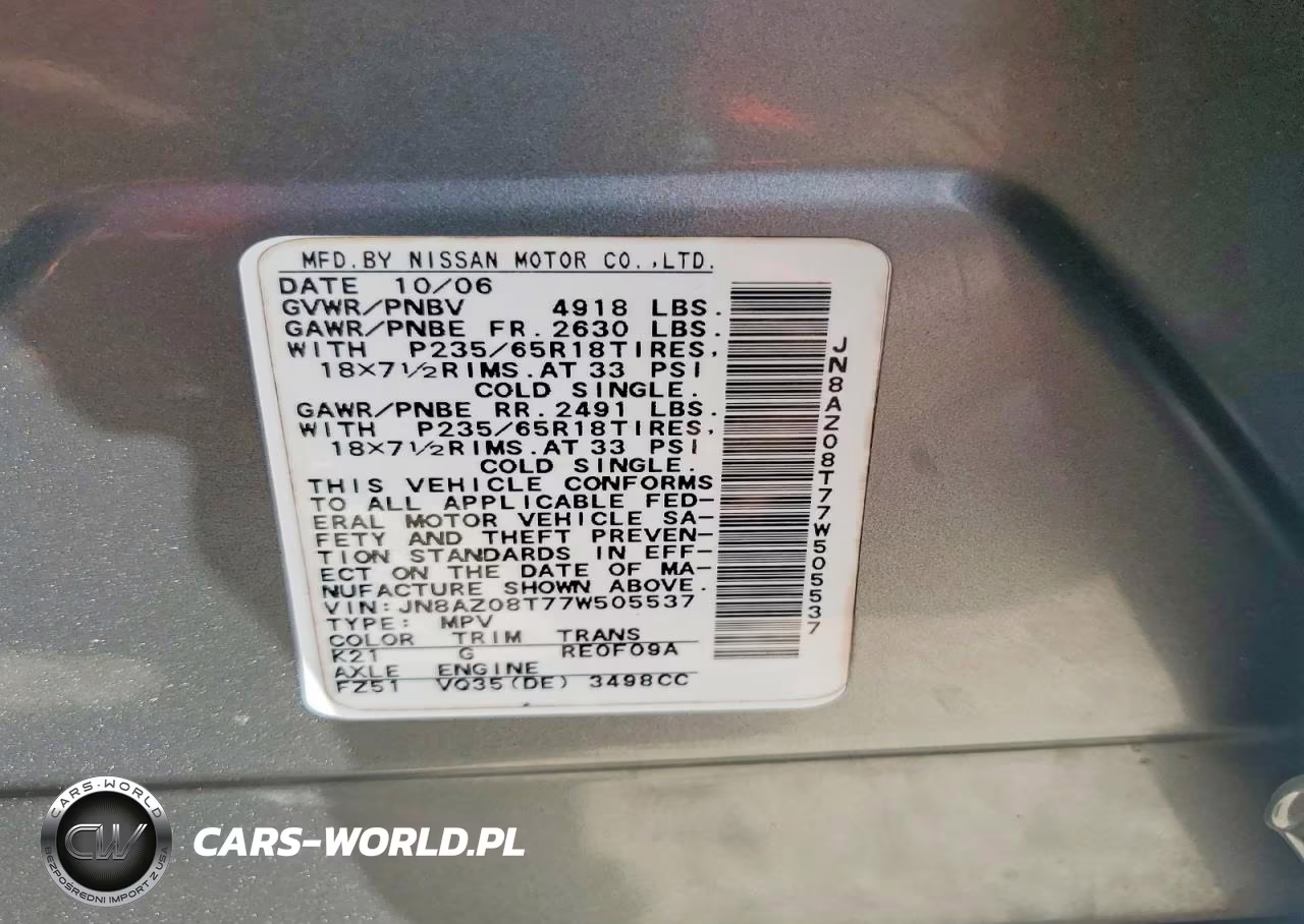 2007 Nissan Murano S VIN:JN8AZ08T77W505537 - 12