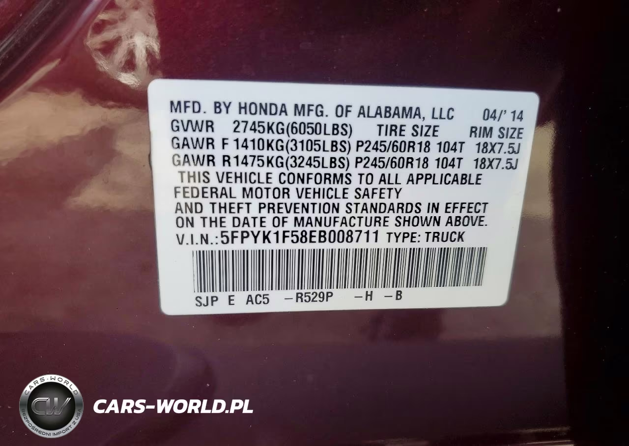 2014 Honda Ridgeline Rtl VIN:5FPYK1F58EB008711 - 12