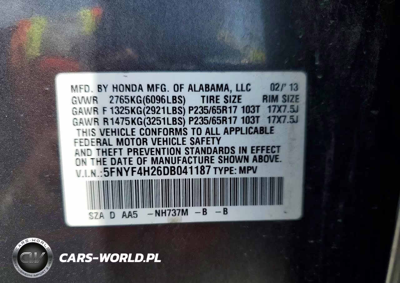 2013 Honda Pilot Lx VIN:5FNYF4H26DB041187 - 14