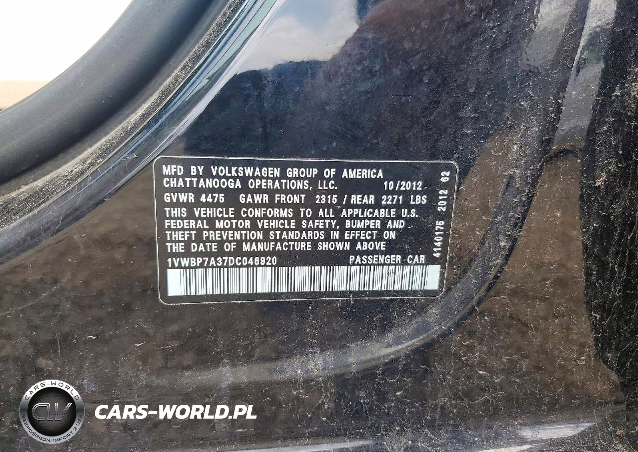 2013 Volkswagen Passat Se VIN:1VWBP7A37DC046920 - 12