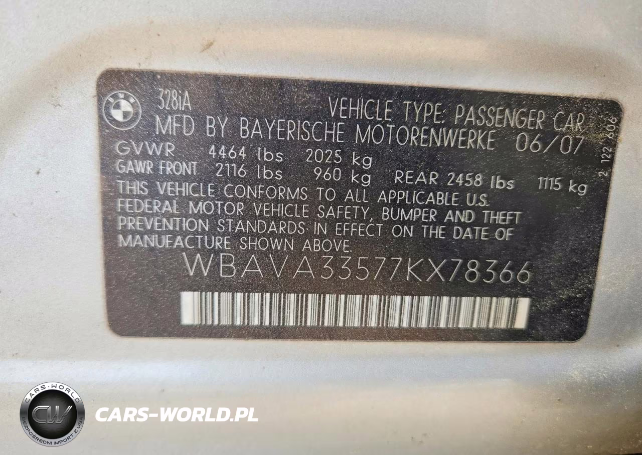 2007 BMW 328 I VIN:WBAVA33577KX78366 - 12