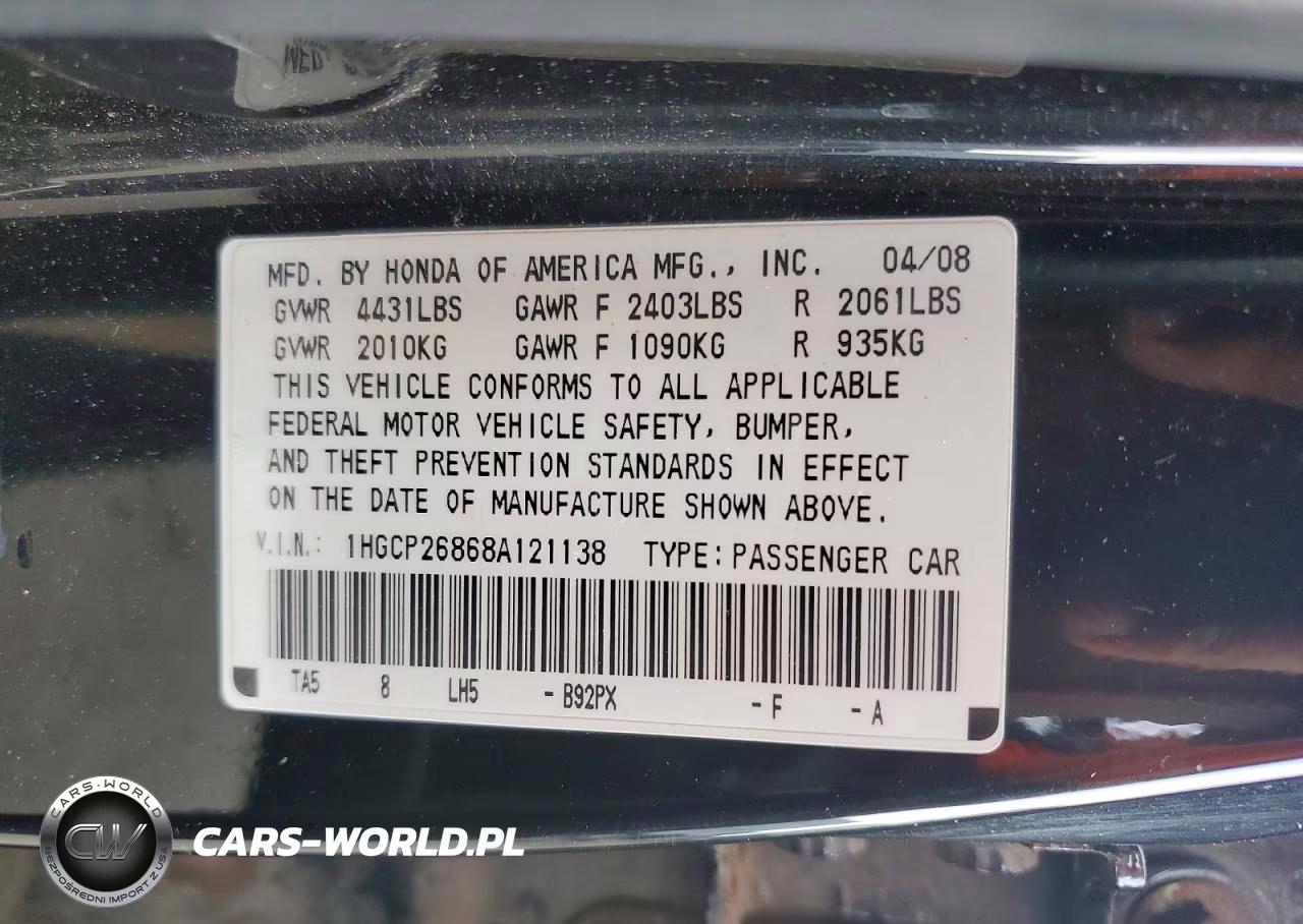 2008 Honda Accord Exl VIN:1HGCP26868A121138 - 12