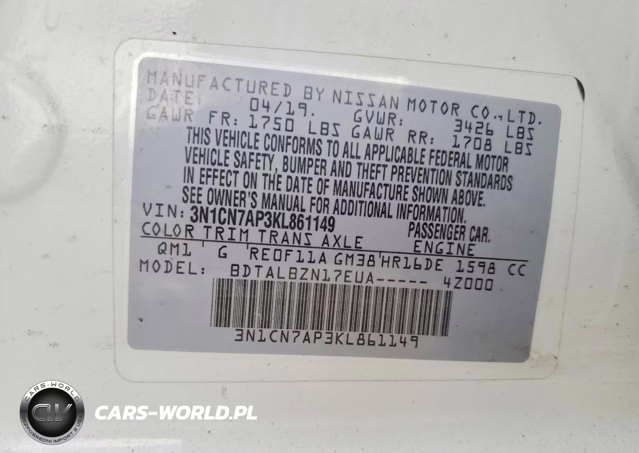 2019 Nissan Versa Sv VIN:3N1CN7AP3KL861149 - 12