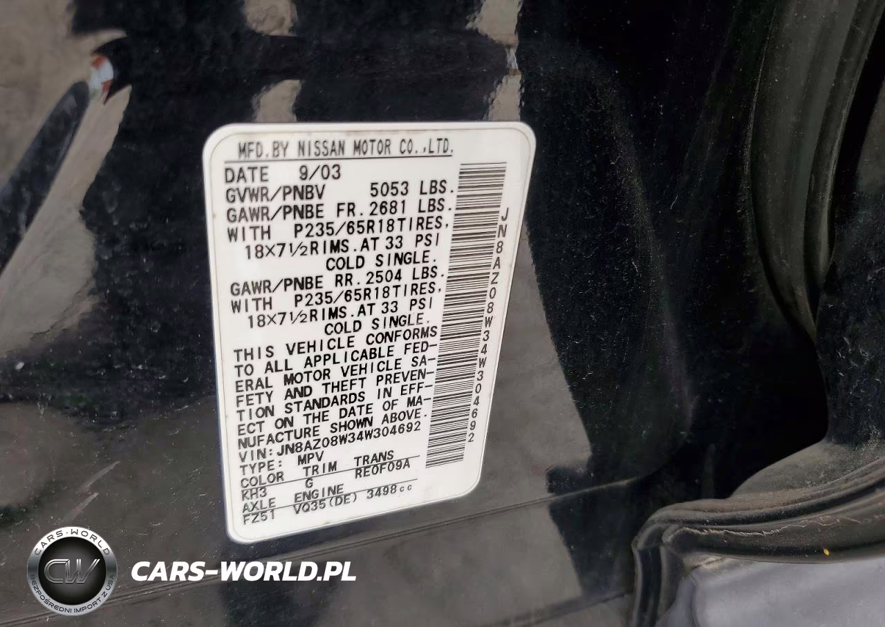2004 Nissan Murano Sl VIN:JN8AZ08W34W304692 - 13