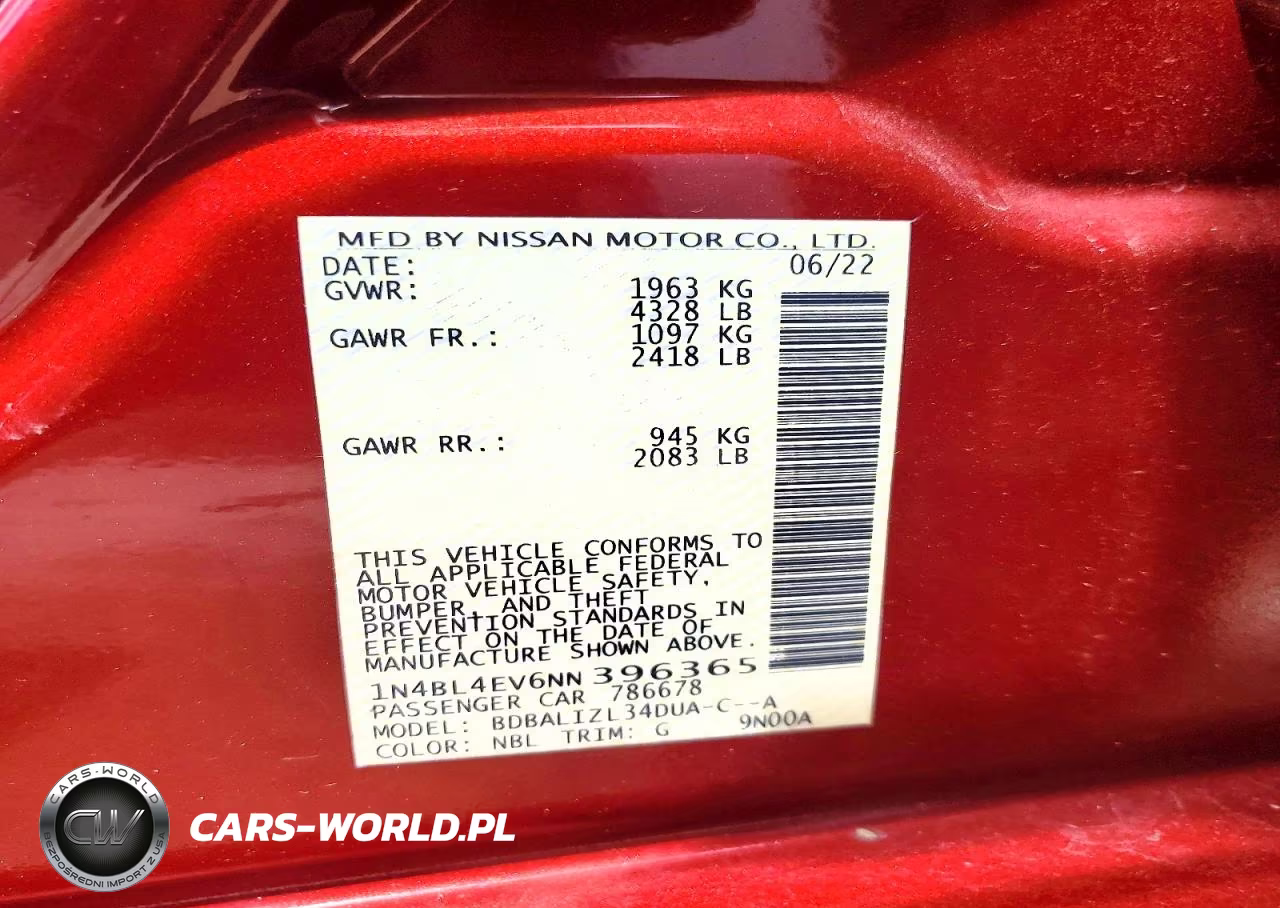 2022 Nissan Altima Sl VIN:1N4BL4EV6NN396365 - 12