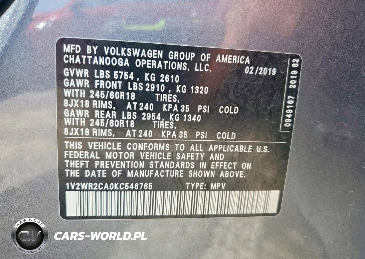2019 Volkswagen Atlas Se VIN:1V2WR2CA0KC546765 - 13