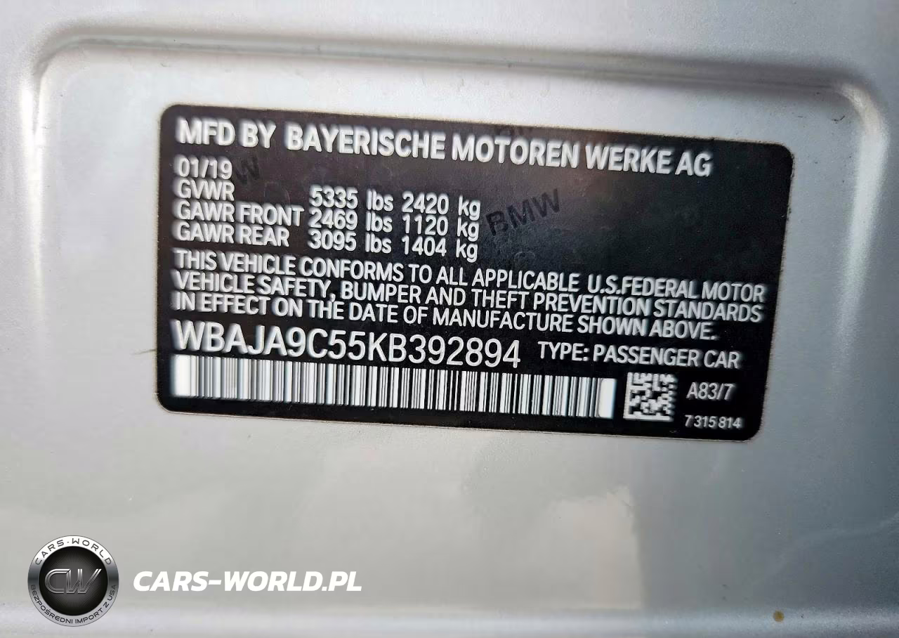 2019 BMW 5 Series 530E xDrive VIN:WBAJA9C55KB392894 - 12