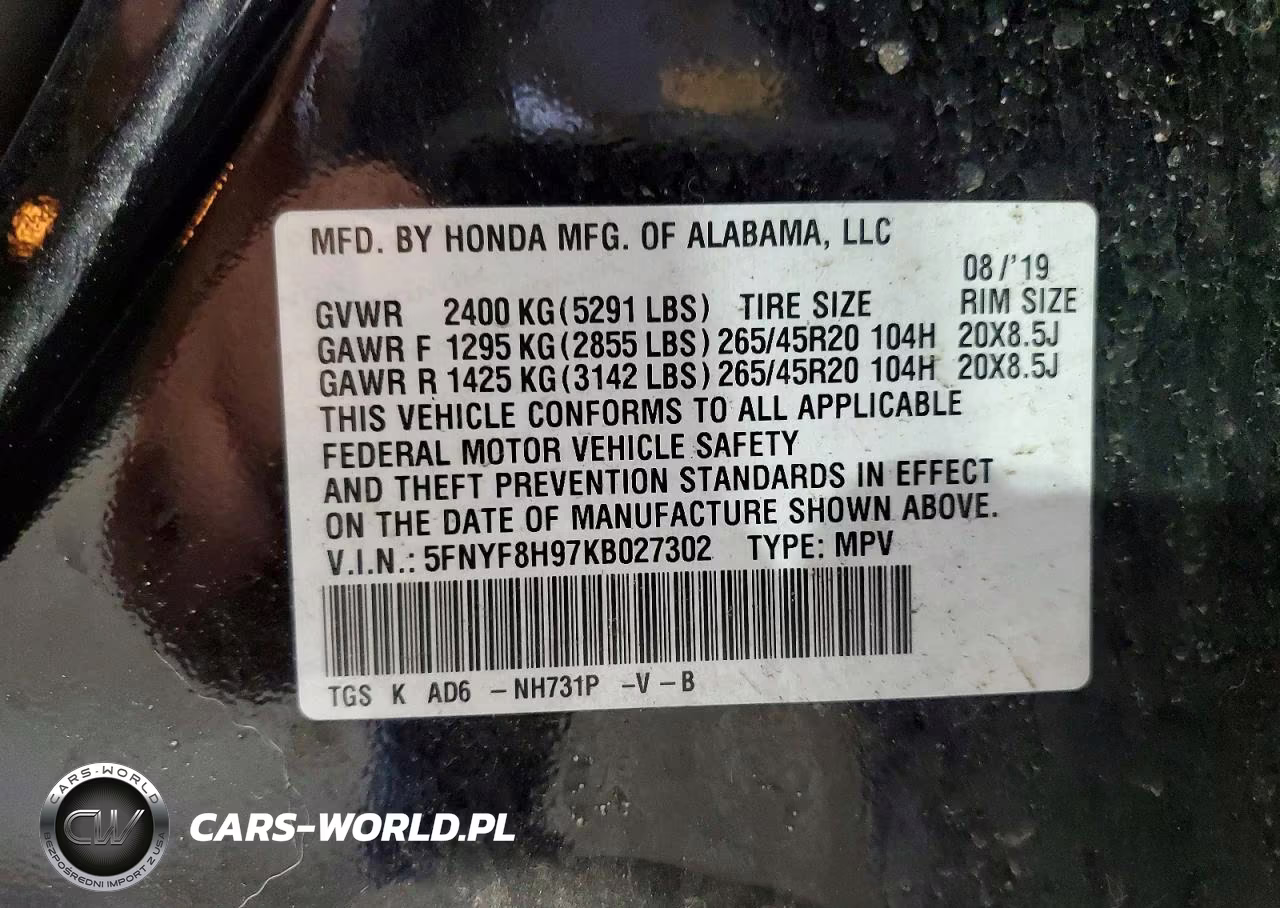 2019 Honda Passport Touring VIN:5FNYF8H97KB027302 - 13