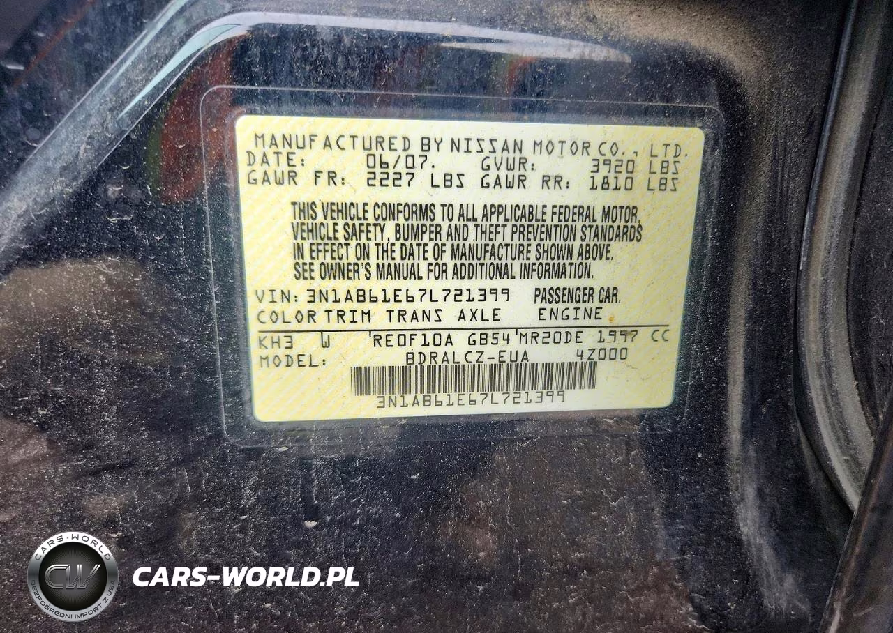2007 Nissan Sentra 2.0 VIN:3N1AB61E67L721399 - 12