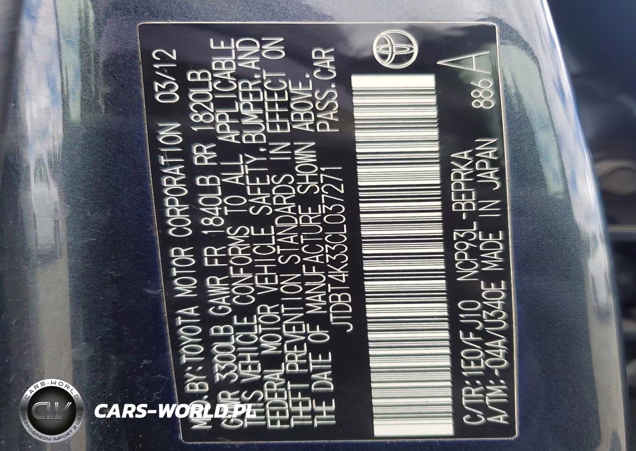 2012 Toyota Yaris Fleet VIN:JTDBT4K33CL037271 - 12