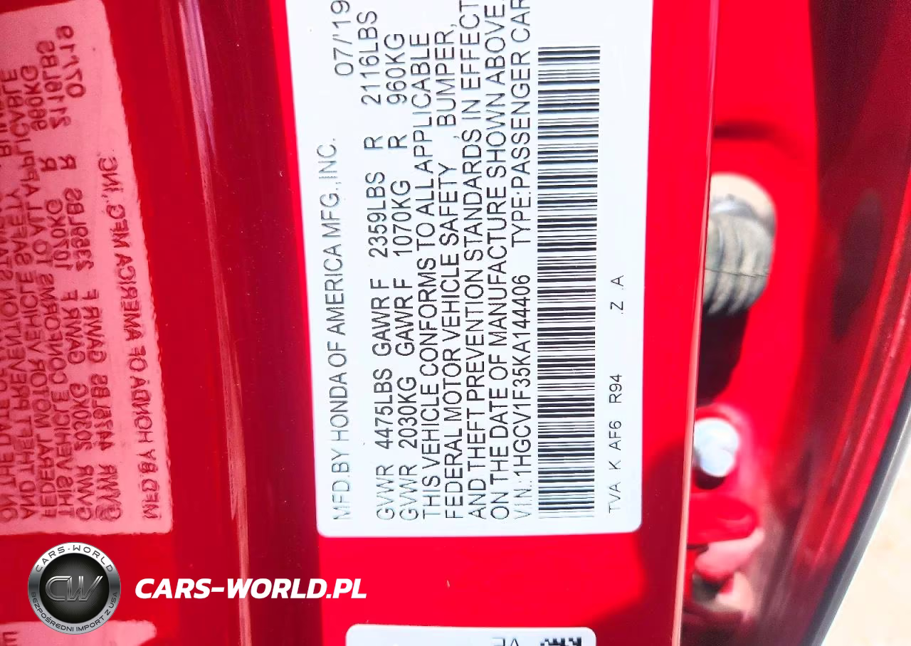 2019 Honda Accord Sport VIN:1HGCV1F35KA144406 - 12