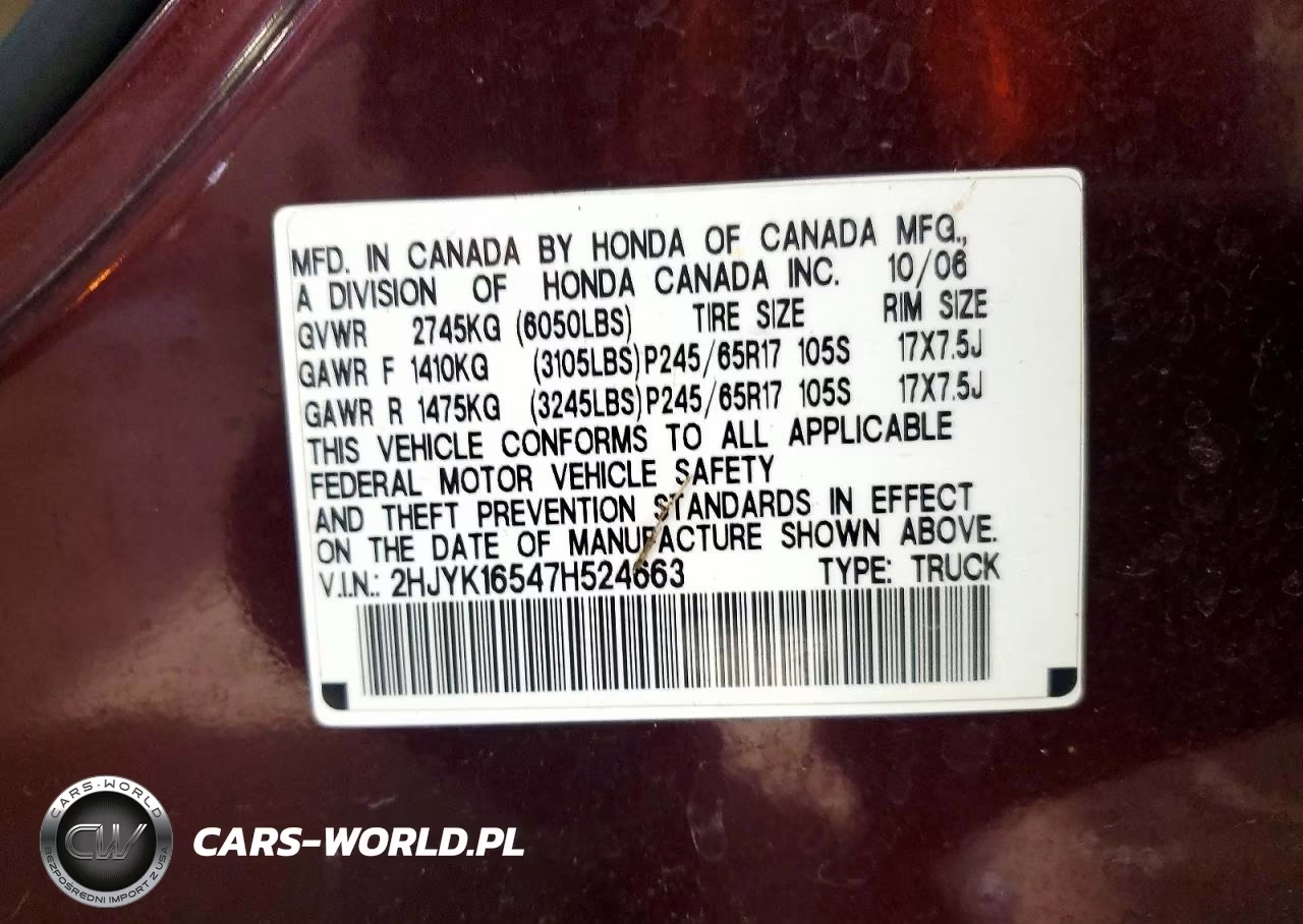 2007 Honda Ridgeline Rtl VIN:2HJYK16547H524663 - 12