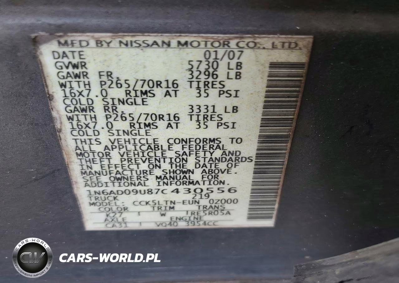 2007 Nissan Frontier Se VIN:1N6AD09U87C430556 - 12
