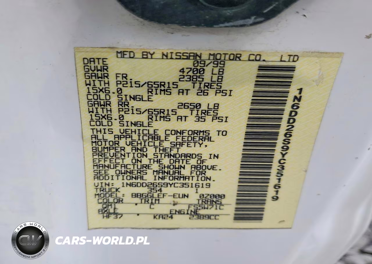 2000 Nissan Frontier King Cab Xe VIN:1N6DD26S9YC351619 - 12