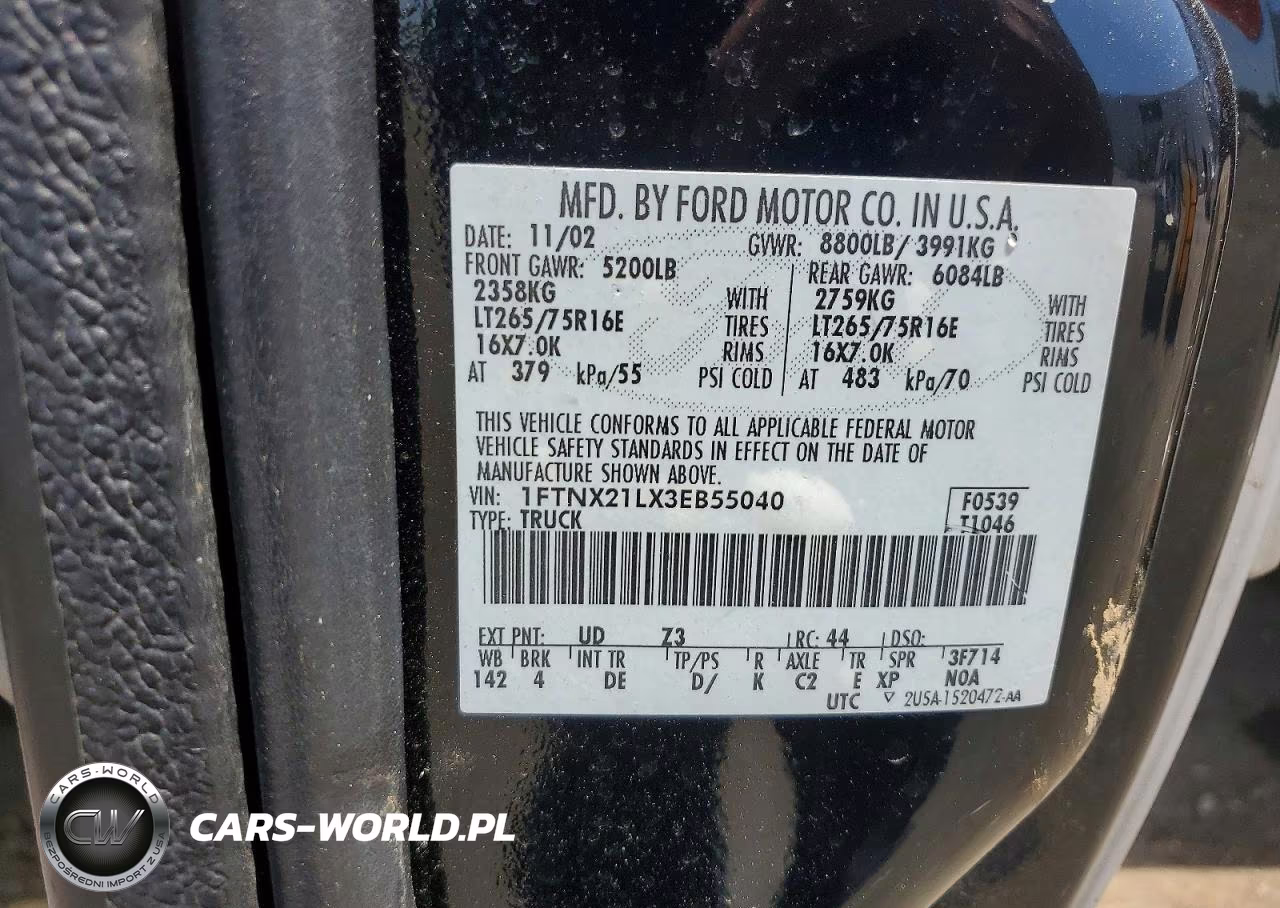 2003 Ford F250 Super Duty VIN:1FTNX21LX3EB55040 - 12