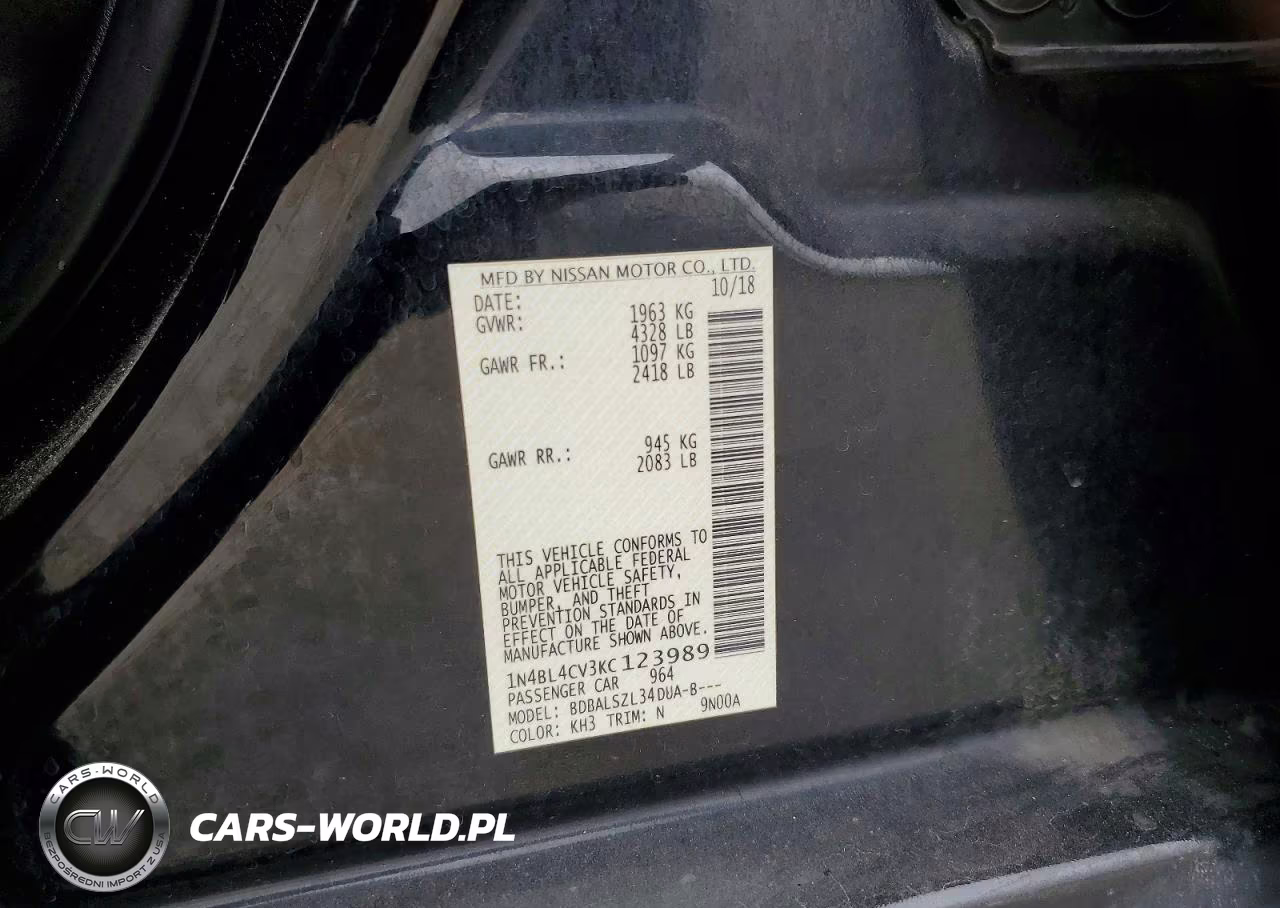 2019 Nissan Altima Sr VIN:1N4BL4CV3KC123989 - 12