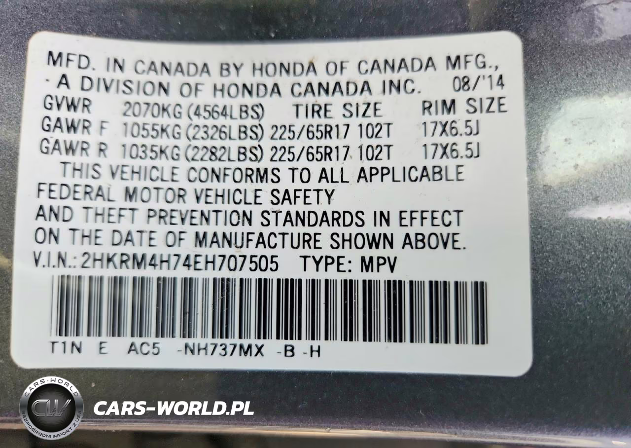 2014 Honda Cr-V Exl VIN:2HKRM4H74EH707505 - 14