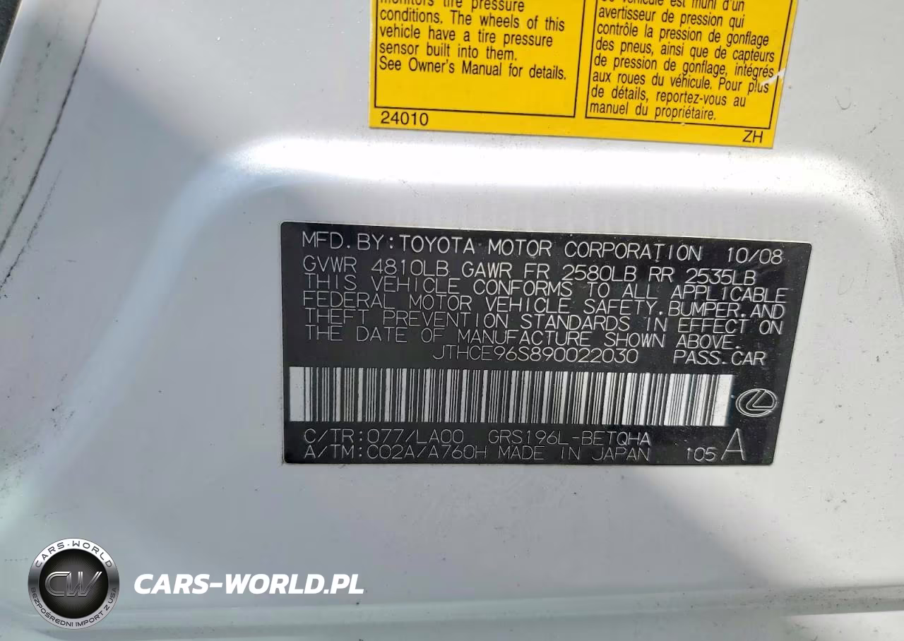 2009 Lexus Gs 350 VIN:JTHCE96S890022030 - 12