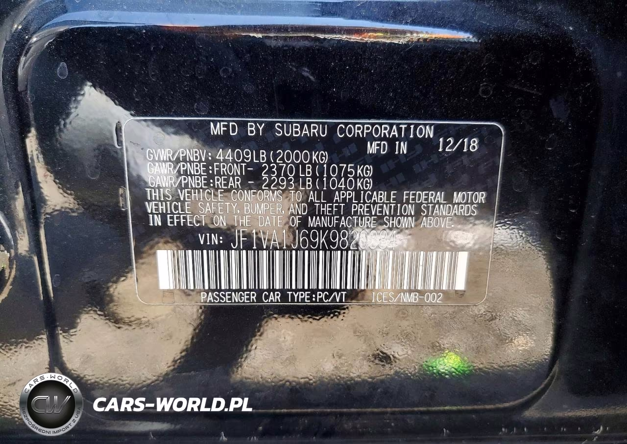 2019 Subaru Wrx Limited VIN:JF1VA1J69K9820884 - 12