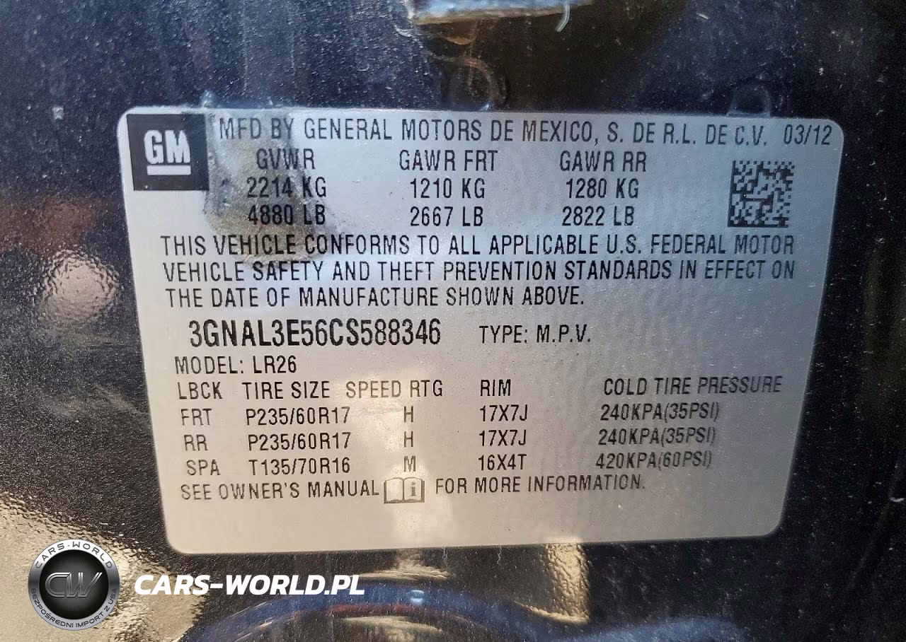 2012 Chevrolet Captiva Sport VIN:3GNAL3E56CS588346 - 12